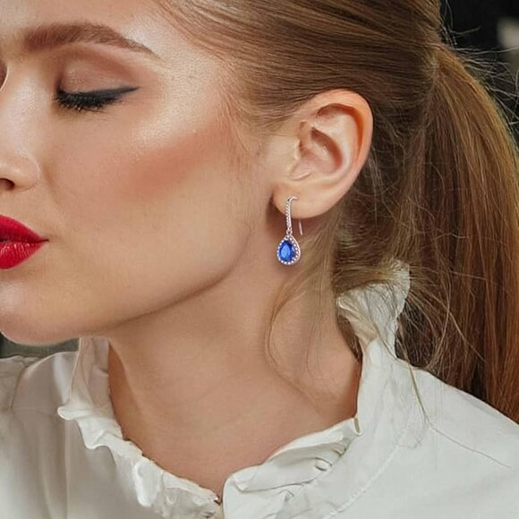 Halo Teardrop Dangle Earrings – Sterling Silver Created Sapphire NWT - Picture 3 of 7